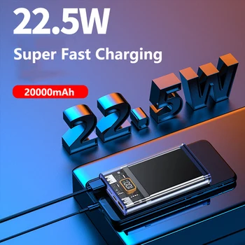 Прозрачен захранване 20000 ма 22,5 W за бързо зареждане на Huawei P40 Powerbank преносимо зарядно външна батерия за iPhone Xiaomi