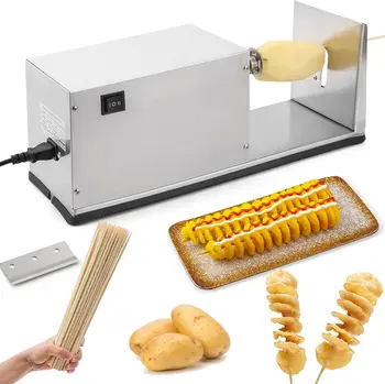 Слайсер, навити слайсер за картофи с безплатни бамбукови шишчета, автоматична машина за нарязване на крученого картофи от неръждаема стомана, машина за нарязване на зеленчуци