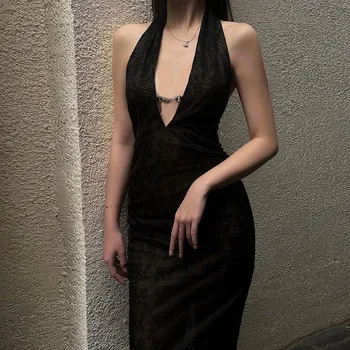 Жена секси черна рокля с дълбоко V-образно деколте за жени 2023, елегантен и изискан женствена рокля с бродерия на цветя, дълги рокли макси на бретелях със държат шията