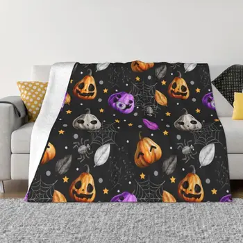 Одеяло с шарките на тикви и прилепи за Хелоуин, меко руно, есенни топли фланелен одеяла за дивана, офис спално бельо, покривки