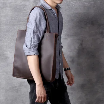 Модни реколта мъжки чанти-тоут от естествена кожа, ежедневни проста чанта crazy horse от телешка кожа, чанта на рамото, голяма чанта за лаптоп